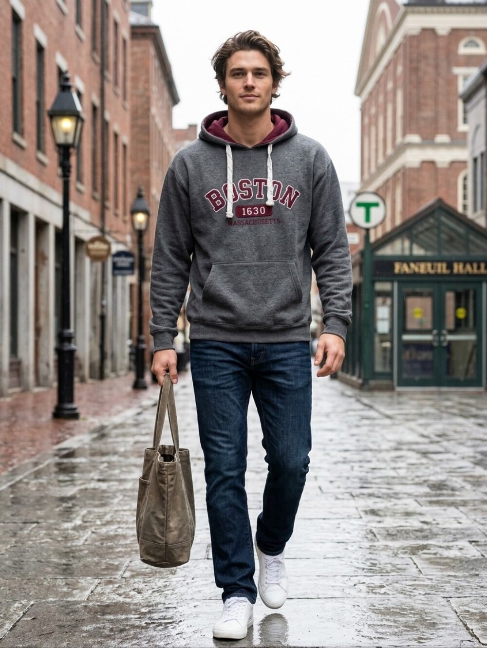 Grey Boston Graphic Hooded Sweatshirt with Maroon Accents